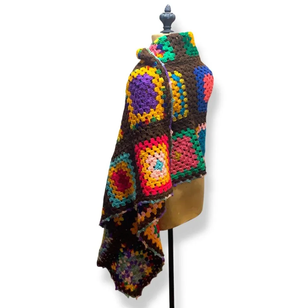Handcrafted Colorful Crochet Granny Square Wrap Shawl Brown Base Boho Cottagecor
